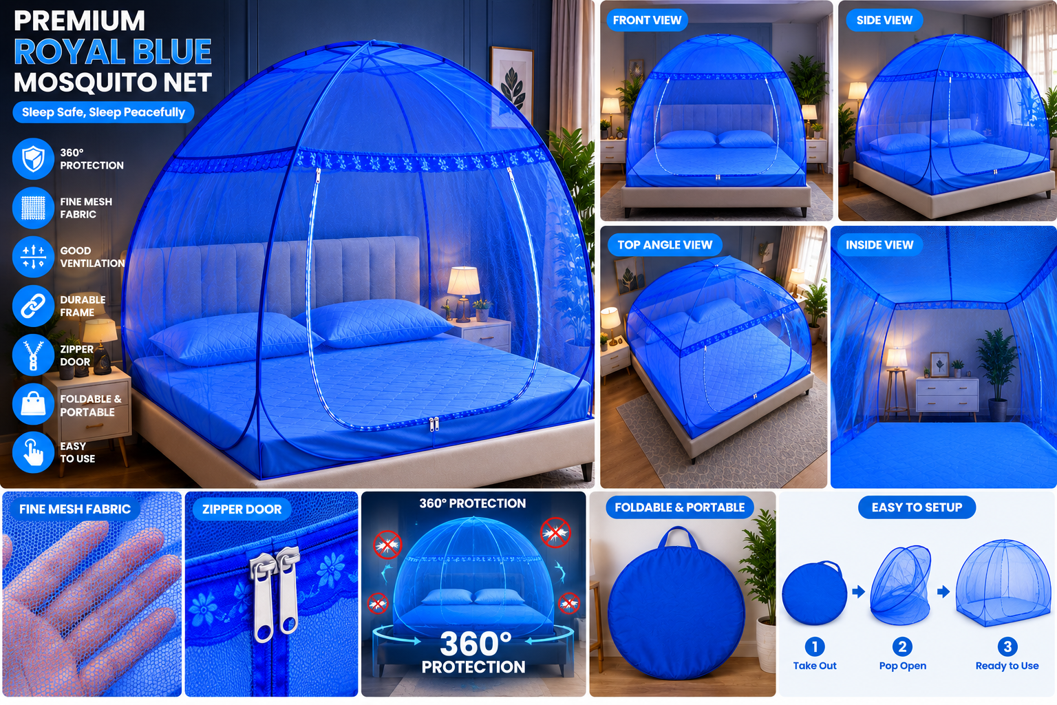 Premium Royal Blue Foldable Dome Mosquito Net for Double Bed – Full Protection